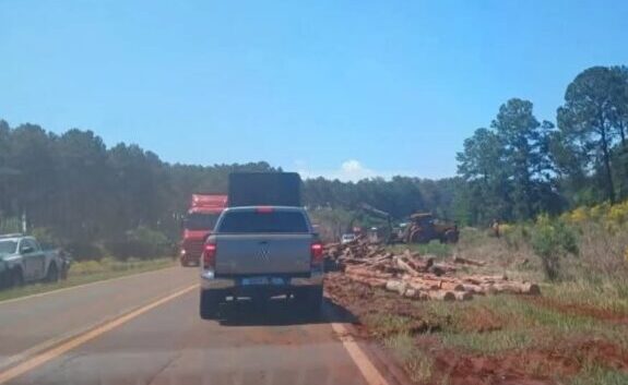 ¡Como «Destino Final»!: camión perdió su carga de madera en la Ruta 14 y desató un caos vial