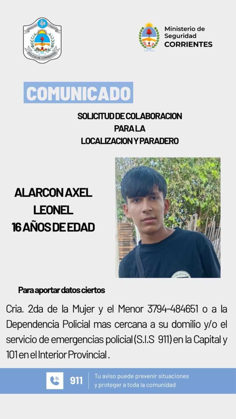 Se busca intensamente a un adolescente de 16 años que desapareció en Corrientes