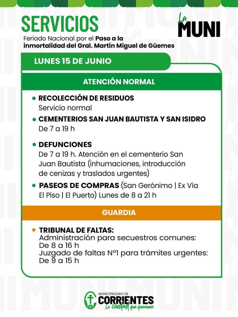 Así funcionarán los servicios municipales en el feriado nacional del lunes 15