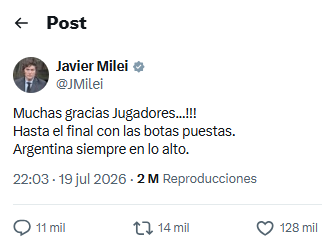 «Argentina siempre en lo alto»: el mensaje de Milei tras la final