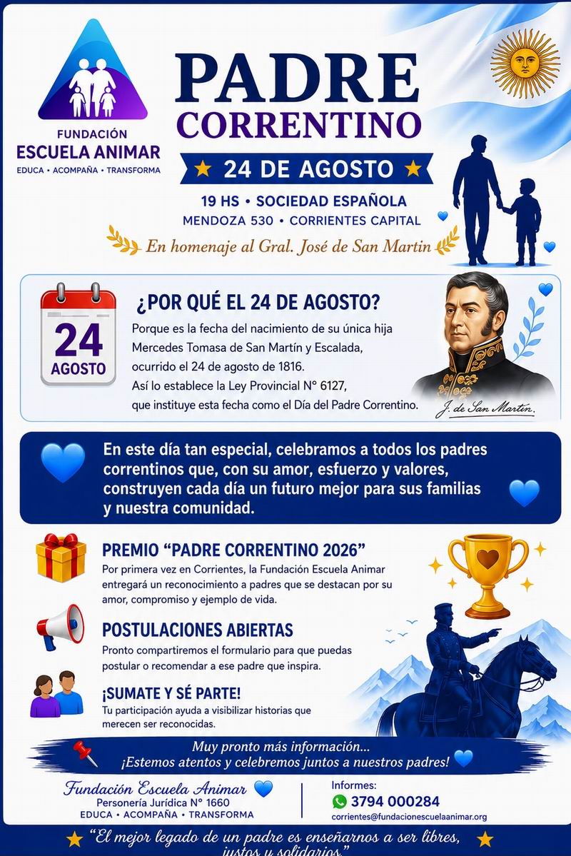 Distinguirán a «padres ejemplares» que emulen los valores de San Martín